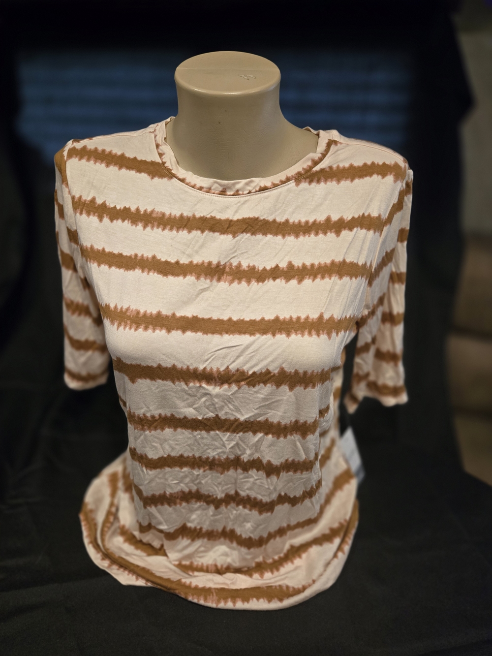 Nine West Cream and Brown Striped Short Sleeve Tee